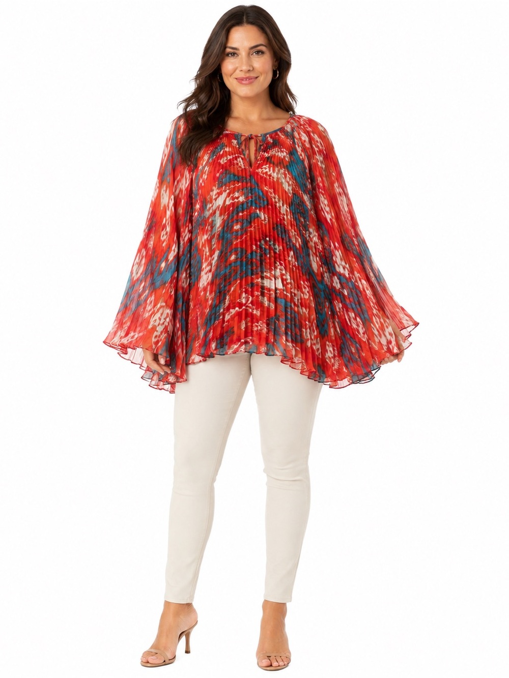 Michael Kors NWT Pleated Chiffon Tunic Top Size Large Red Blue Boho Cape Sleeve